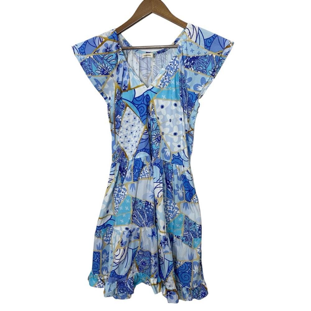 Maude Vivante Patchwork Dress Women’s Size Medium V Neck Flutter Sleeve